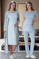 Stripe Lace Shoulder 4 Pieces Maternity & Nursing Set Blue - 6063