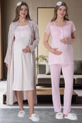 Stripe Lace Shoulder 4-Piece Maternity-Nursing Set Pink - 6063