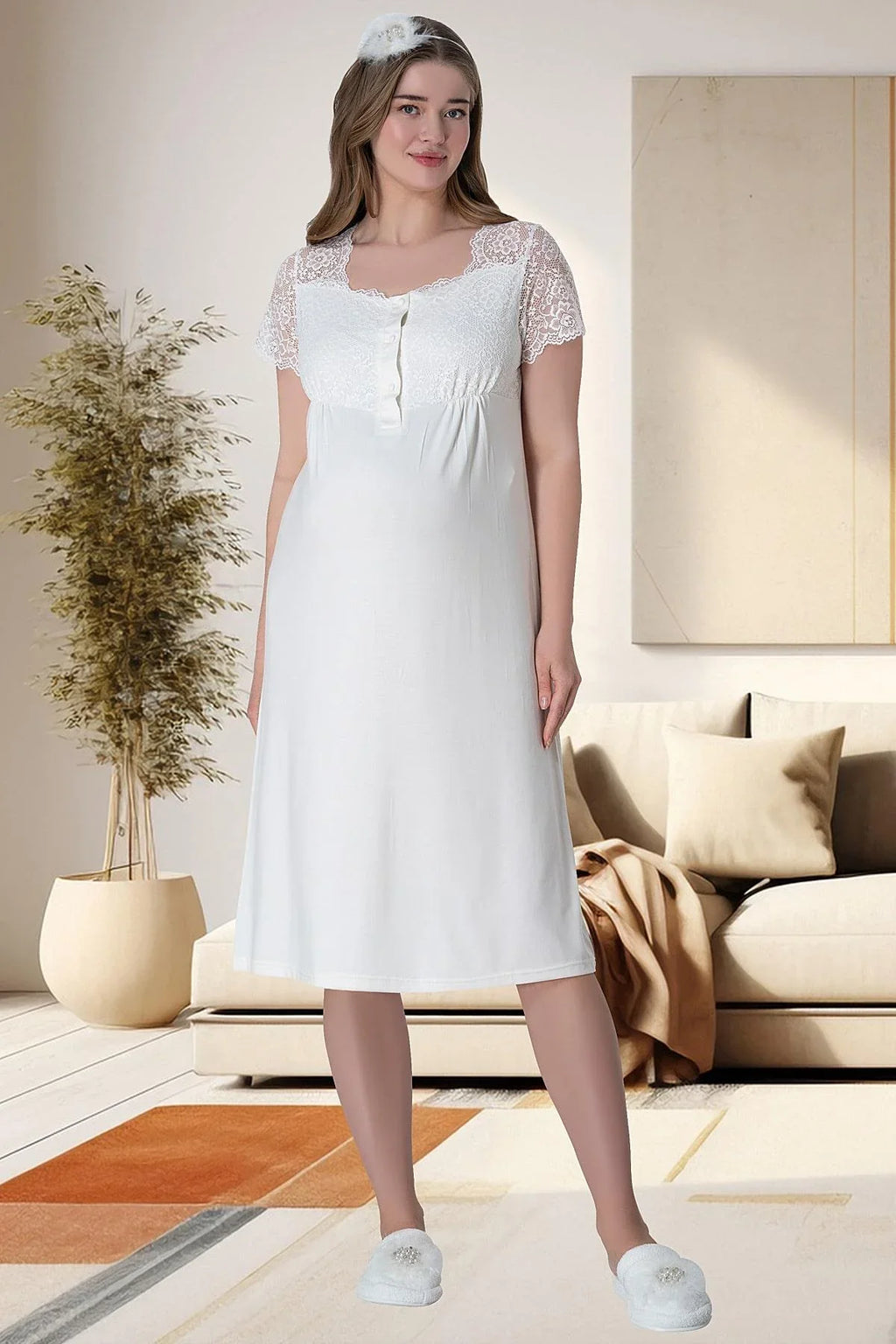 Lace Sleeve and Collar 4-Piece Maternity Feeding-Friendly Set Ecru - C6065