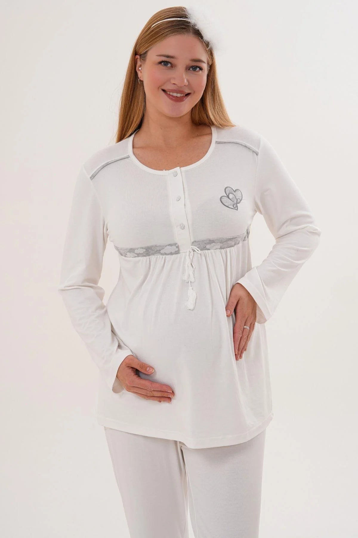 Heart Printed 3-Piece Maternity-Nursing Pajama & Patterned Robe Set Grey - 6100