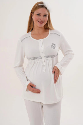 Heart Printed 3-Piece Maternity-Nursing Pajama & Patterned Robe Set Grey - 6100