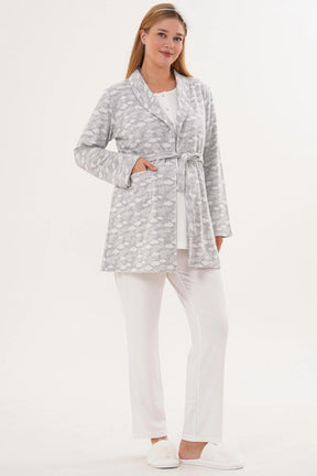 Heart Printed 3-Piece Maternity-Nursing Pajama & Patterned Robe Set Grey - 6100