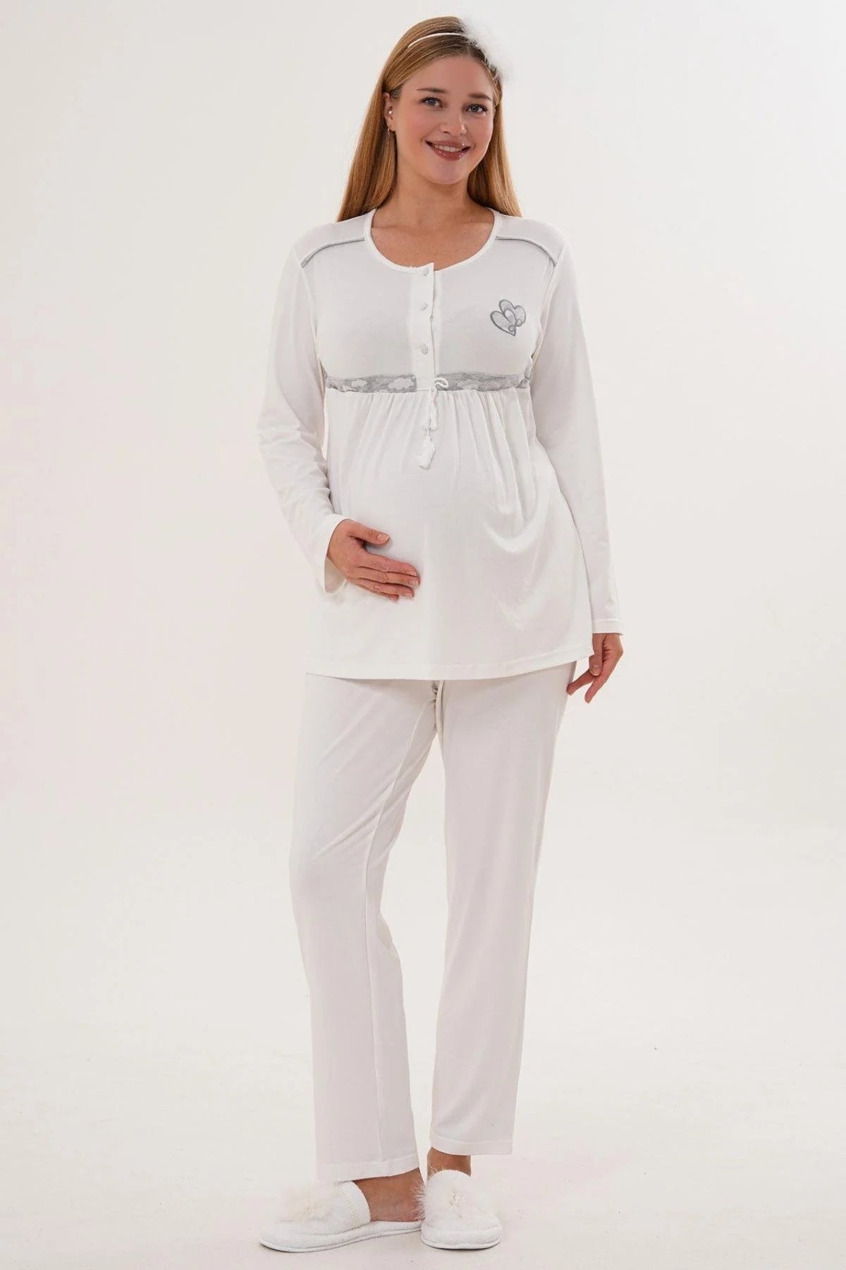 Heart Printed 3-Piece Maternity-Nursing Pajama & Patterned Robe Set Grey - 6100