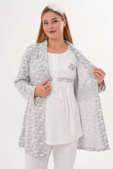 Heart Printed 3-Piece Maternity-Nursing Pajama & Patterned Robe Set Grey - 6100