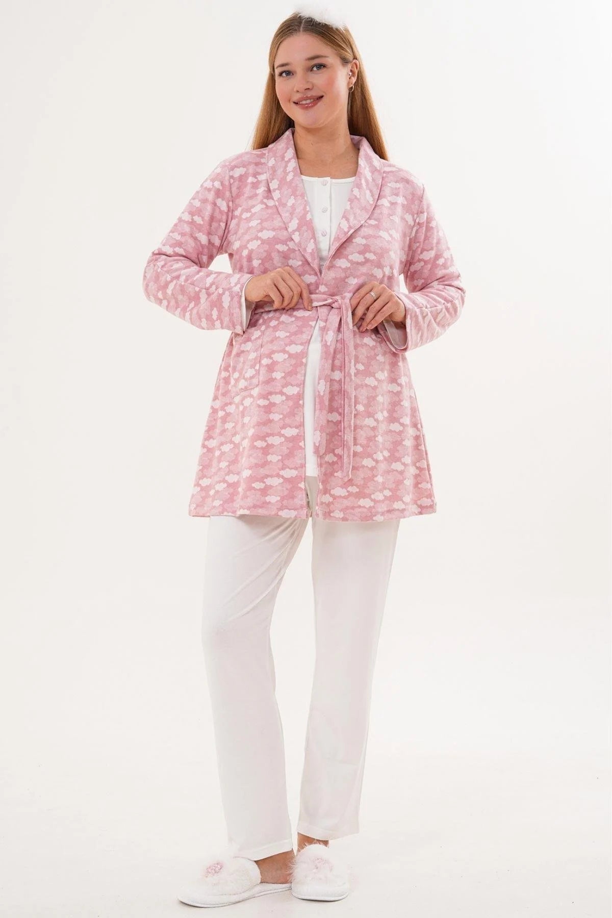 Heart Printed 3-Piece Maternity-Nursing Pajama & Patterned Robe Set Pink - 6100