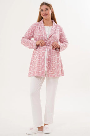 Heart Printed 3-Piece Maternity-Nursing Pajama & Patterned Robe Set Pink - 6100