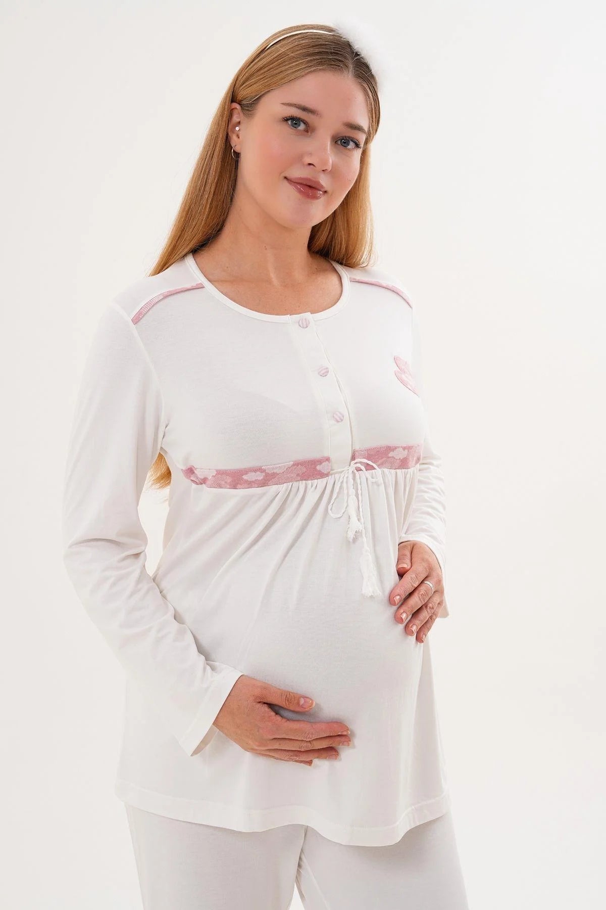 Heart Printed 3-Piece Maternity-Nursing Pajama & Patterned Robe Set Pink - 6100