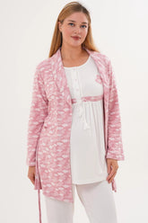 Heart Printed 3-Piece Maternity-Nursing Pajama & Patterned Robe Set Pink - 6100