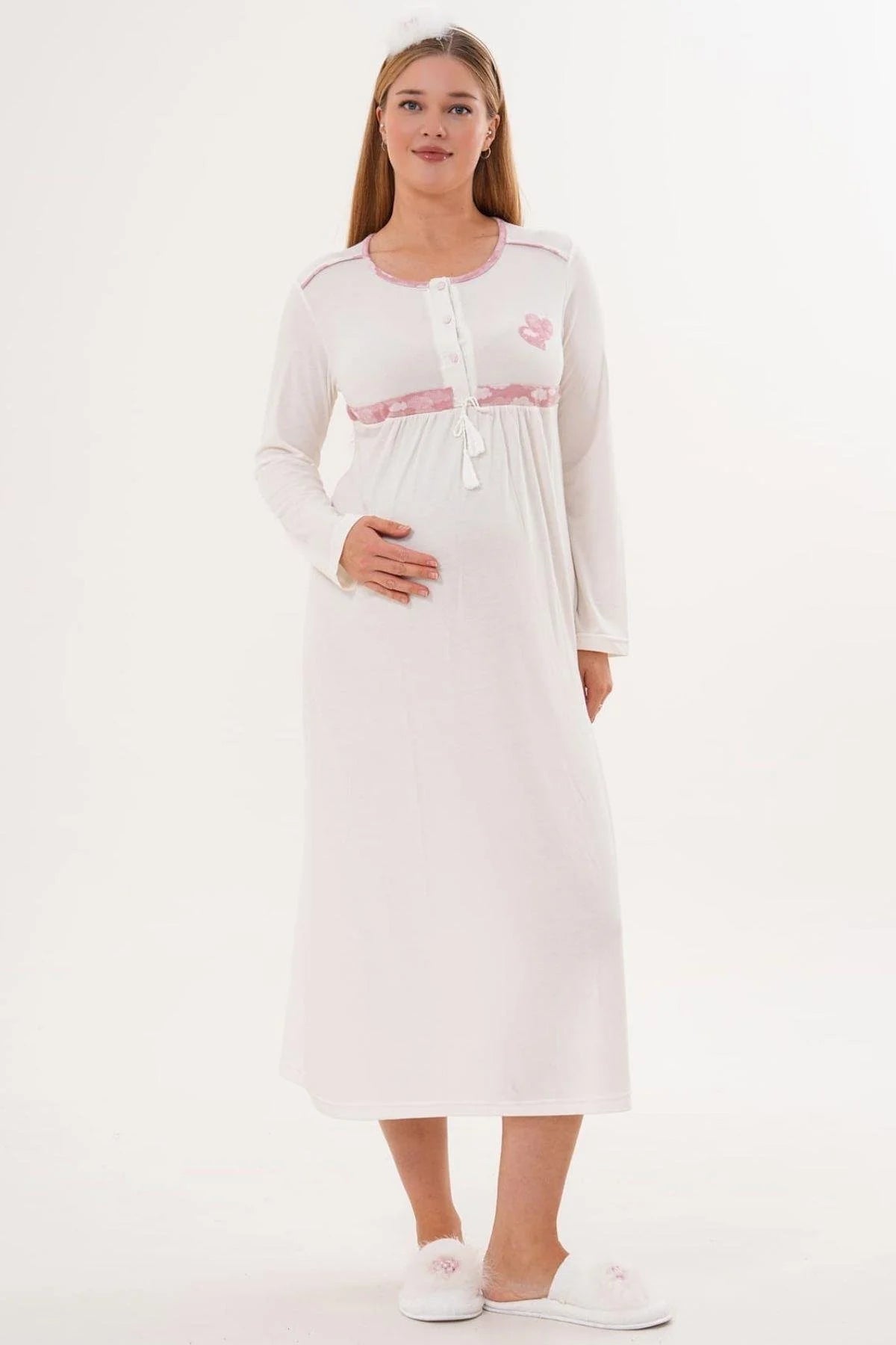 Heart Printed Maternity-Nursing Nightgown & Patterned Robe Set Pink - 6101