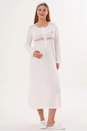 Heart Printed Maternity-Nursing Nightgown & Patterned Robe Set Pink - 6101