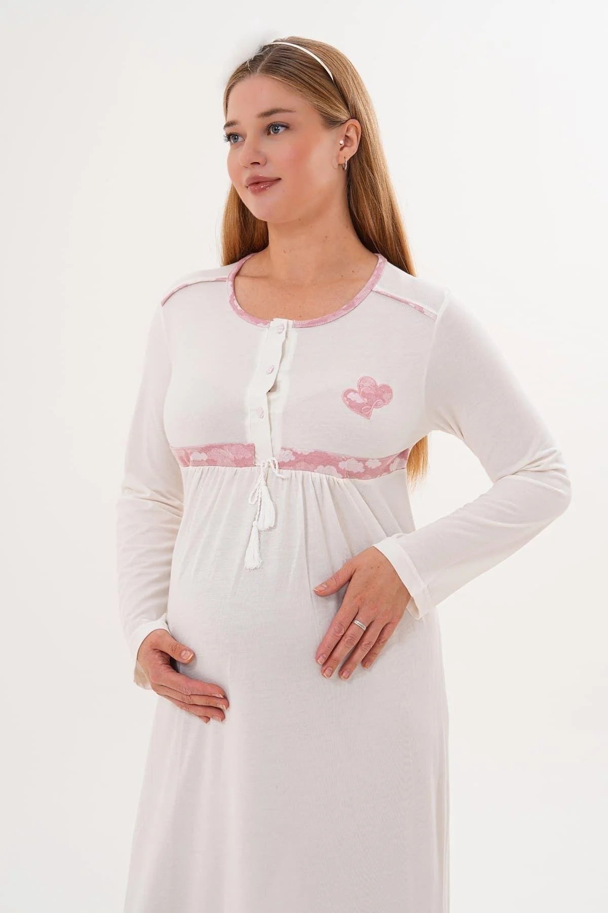 Heart Printed Maternity-Nursing Nightgown & Patterned Robe Set Pink - 6101
