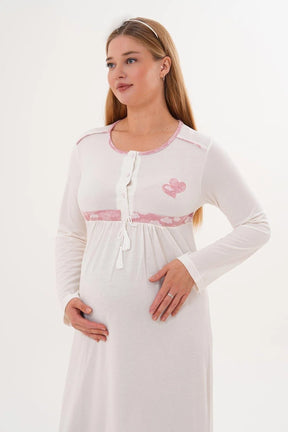 Heart Printed Maternity-Nursing Nightgown & Patterned Robe Set Pink - 6101