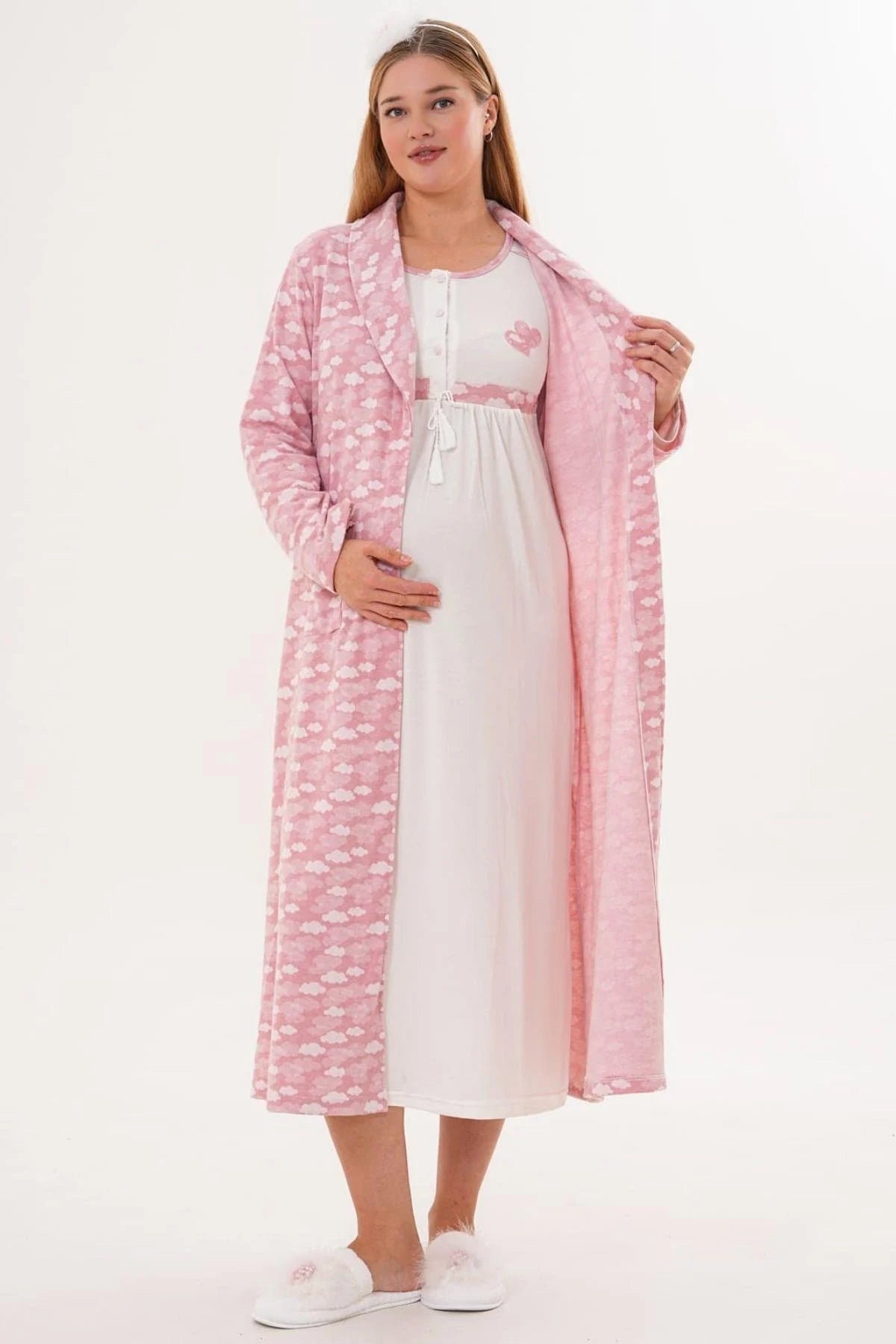 Heart Printed Maternity-Nursing Nightgown & Patterned Robe Set Pink - 6101