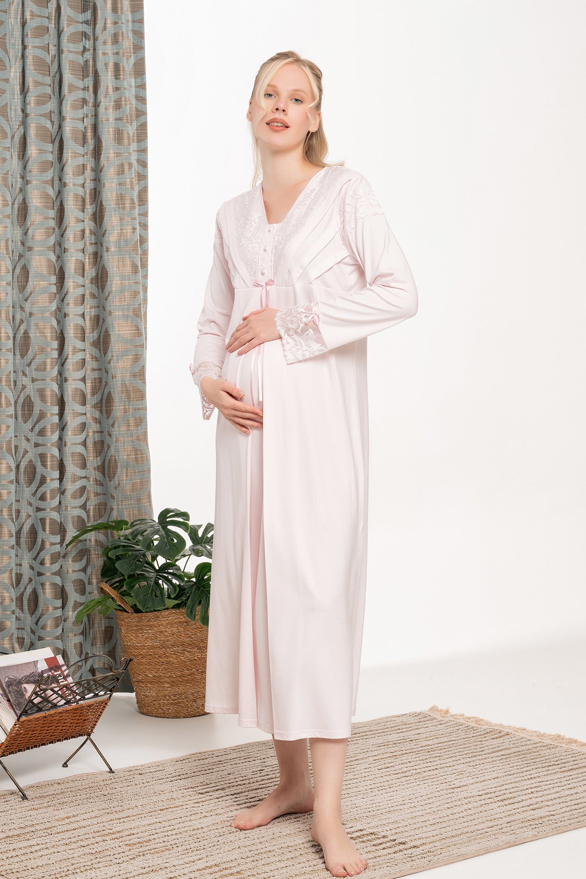 Flowery Lace Collar and Sleeve Maternity & Nursing Nightgown Pink - 6103