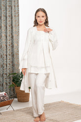 Lace Embroidered 3-Piece Maternity-Nursing Pajama & Robe Set Ecru - 6104