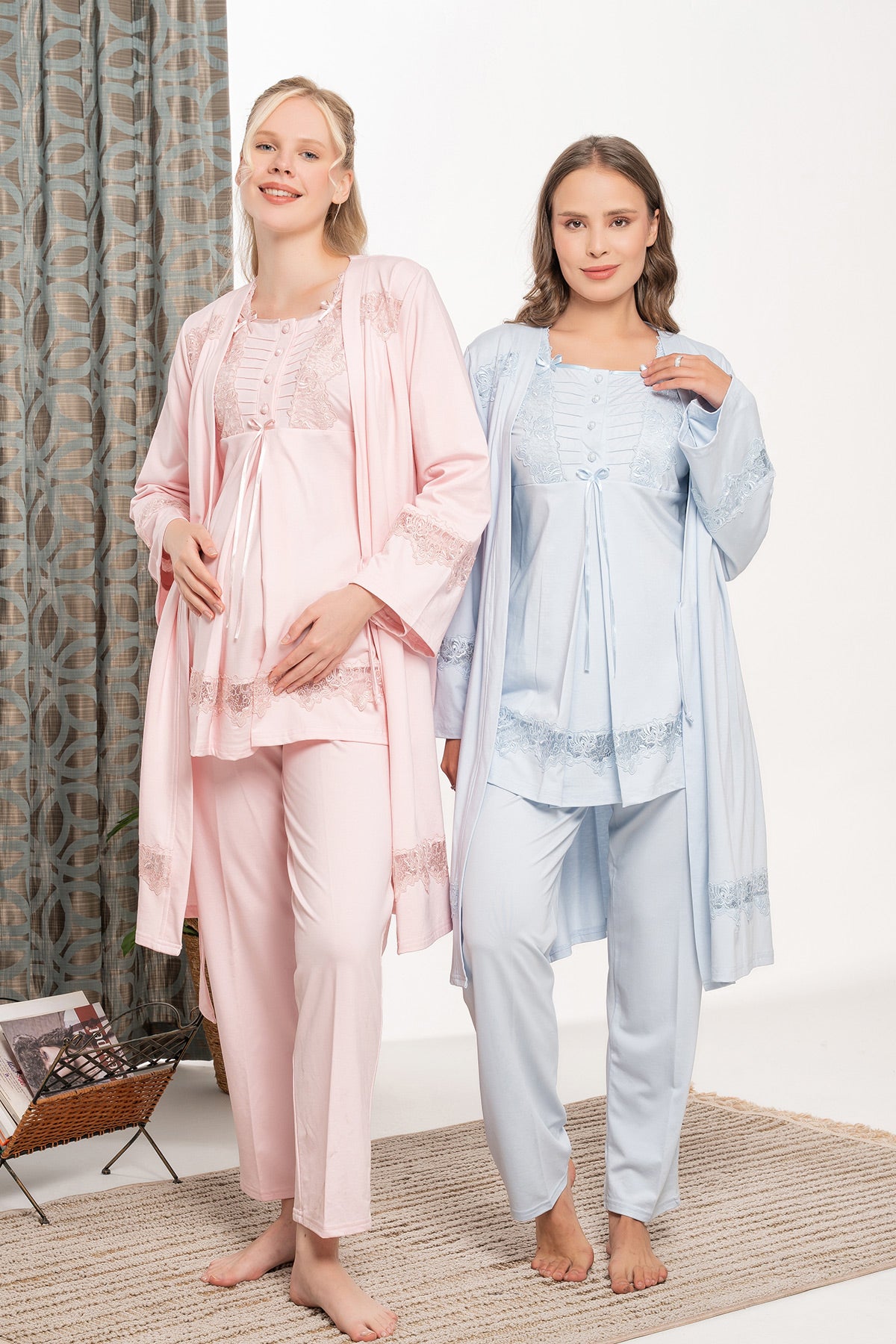 Lace Embroidered 3-Piece Maternity-Nursing Pajama & Robe Set - 6104