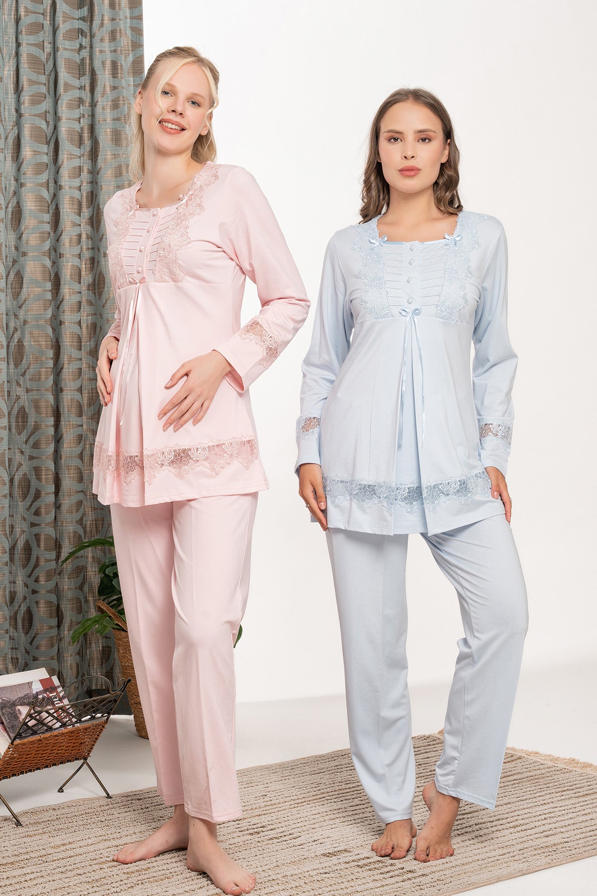 Lace Embroidered 3-Piece Maternity-Nursing Pajama & Robe Set - 6104