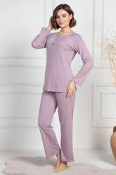 Lace Collar Maternity & Nursing Pajama Set Dried Rose - 6104