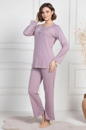 Lace Collar Maternity & Nursing Pajama Set Dried Rose - 6104