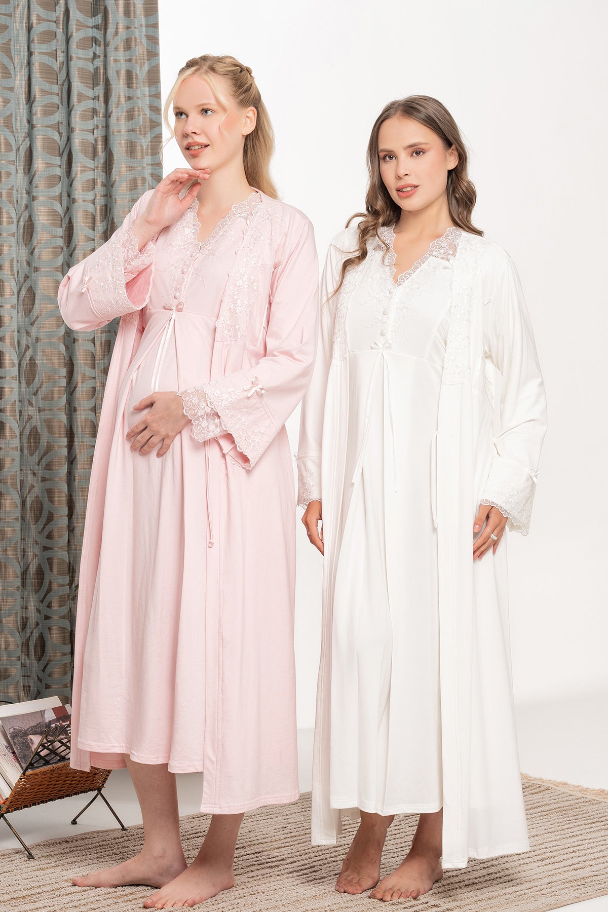 Lace Shoulder and Sleeve Maternity-Nursing Nightgown & Robe Set - 6105