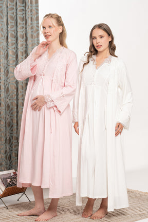 Lace Shoulder and Sleeve Maternity-Nursing Nightgown & Robe Set - 6105