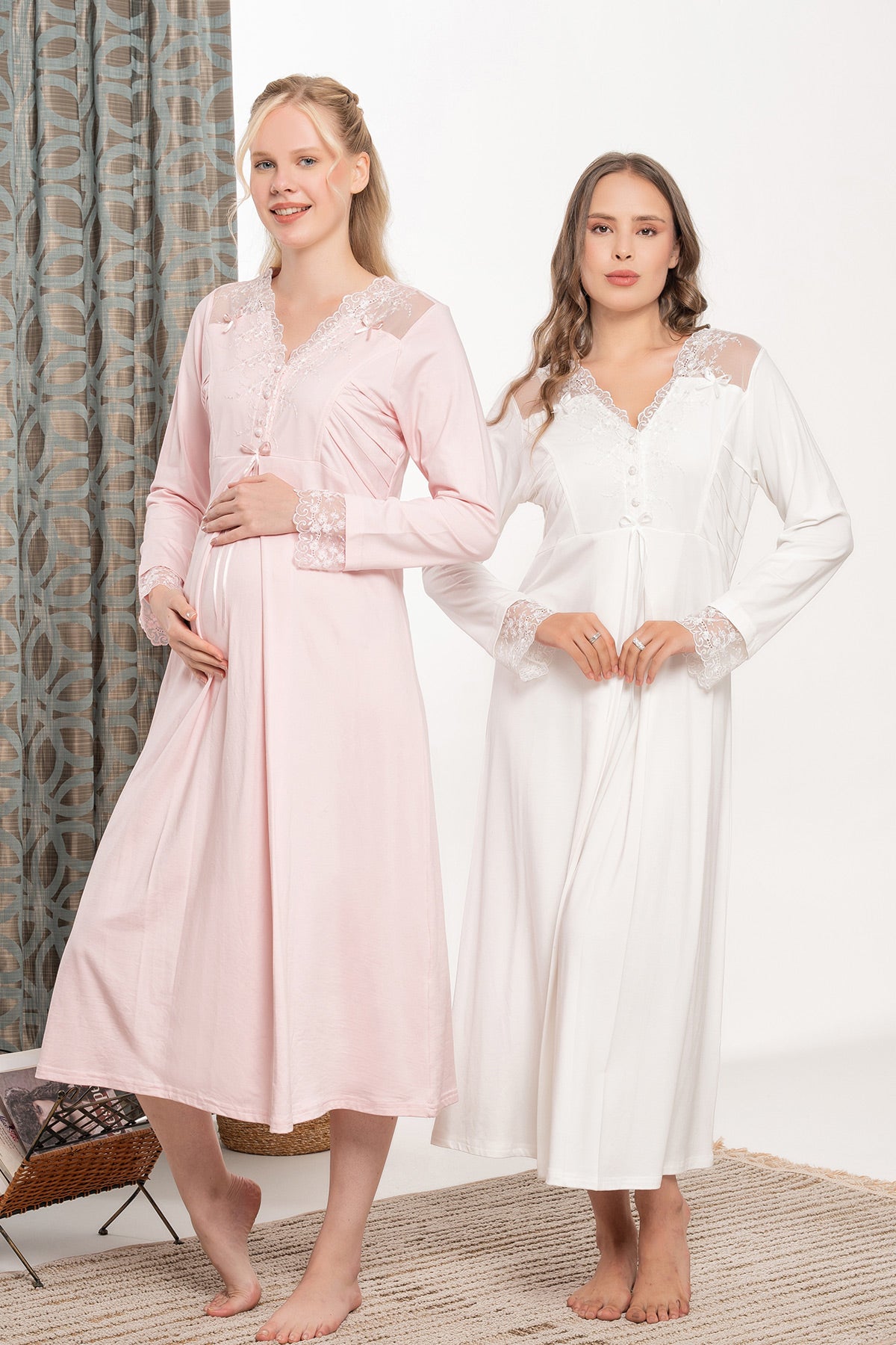 Lace Shoulder and Sleeve Maternity-Nursing Nightgown & Robe Set - 6105