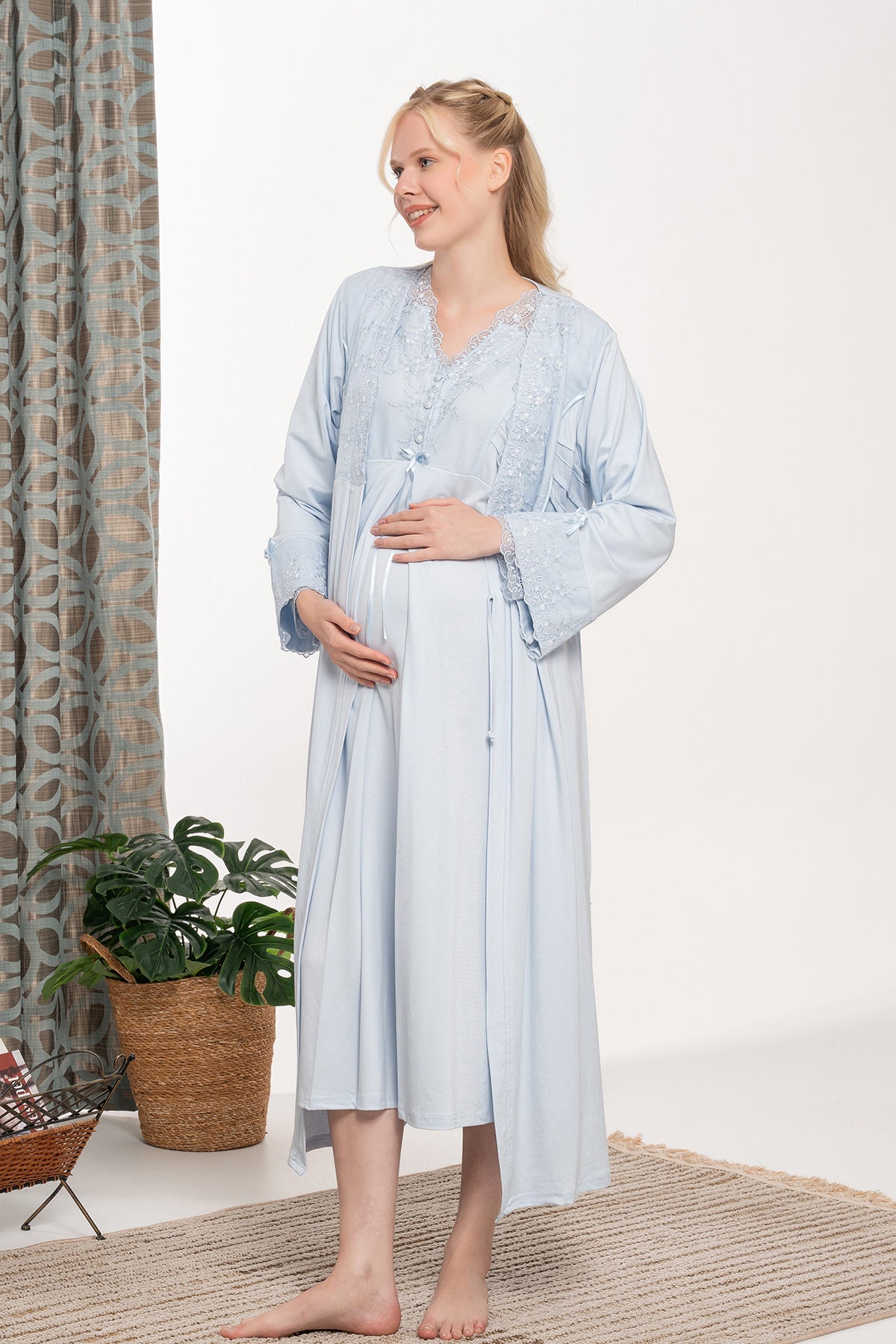 Lace Shoulder and Sleeve Maternity-Nursing Nightgown & Robe Set Blue - 6105
