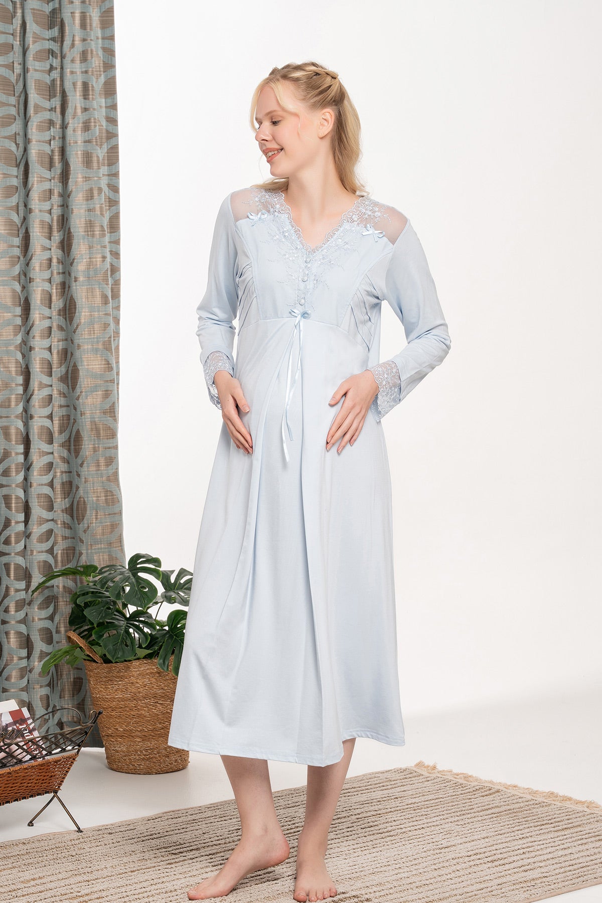 Lace Shoulder and Sleeve Maternity-Nursing Nightgown & Robe Set Blue - 6105