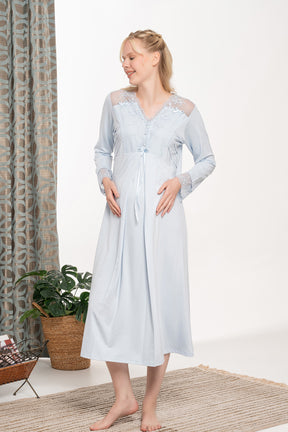 Lace Shoulder and Sleeve Maternity-Nursing Nightgown & Robe Set Blue - 6105