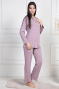 Lace Collar Buttoned Maternity & Nursing Pajama Set Dried Rose - 6105