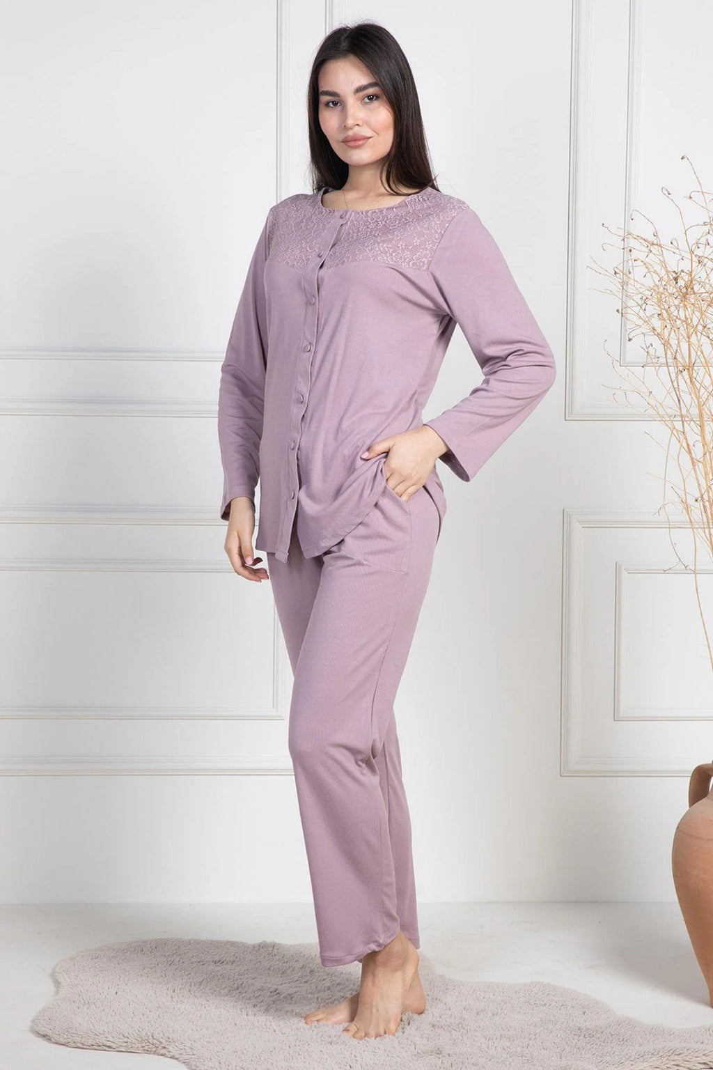 Lace Collar Buttoned Maternity & Nursing Pajama Set Dried Rose - 6105