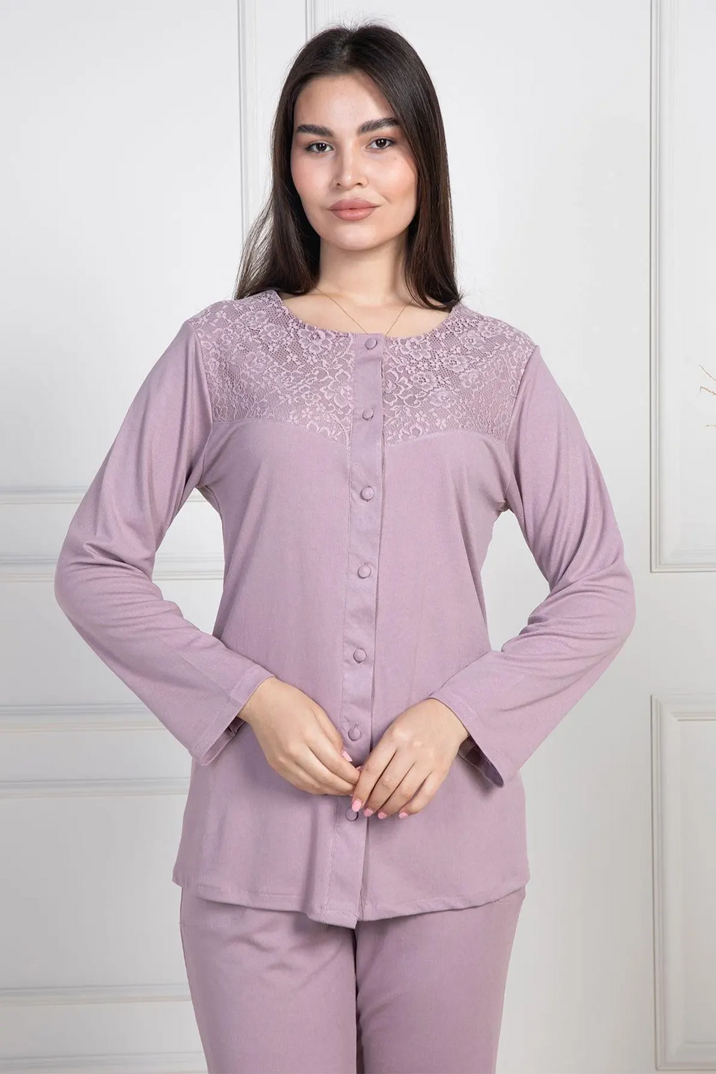 Lace Collar Buttoned Maternity & Nursing Pajama Set Dried Rose - 6105