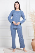 Lace Collar Buttoned Maternity & Nursing Pajama Set Indigo - 6105