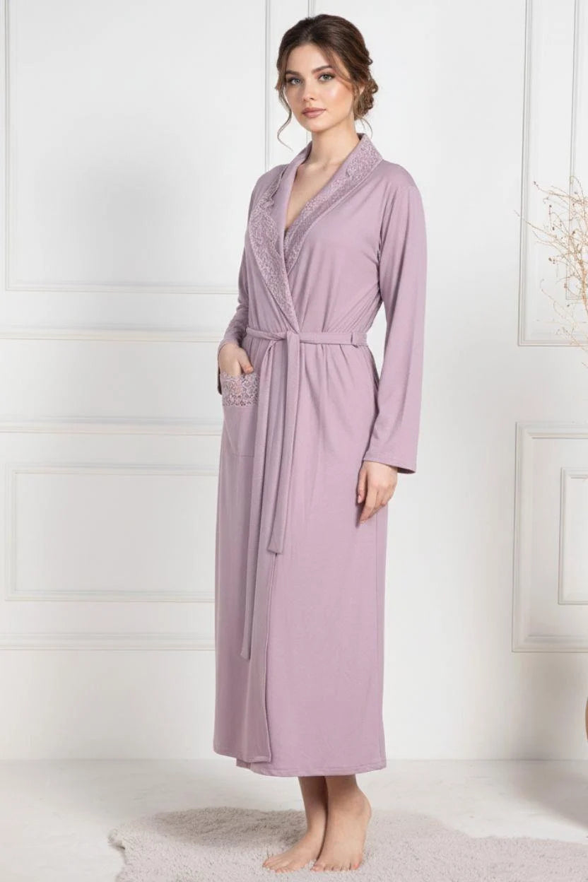 Lace Collar Maternity Robe Dried Rose - 6107