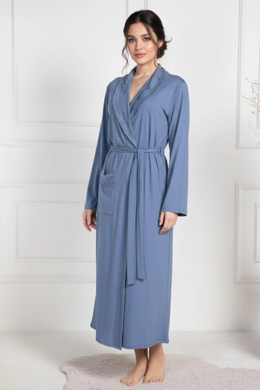 Lace Collar Maternity Robe Indigo - 6107
