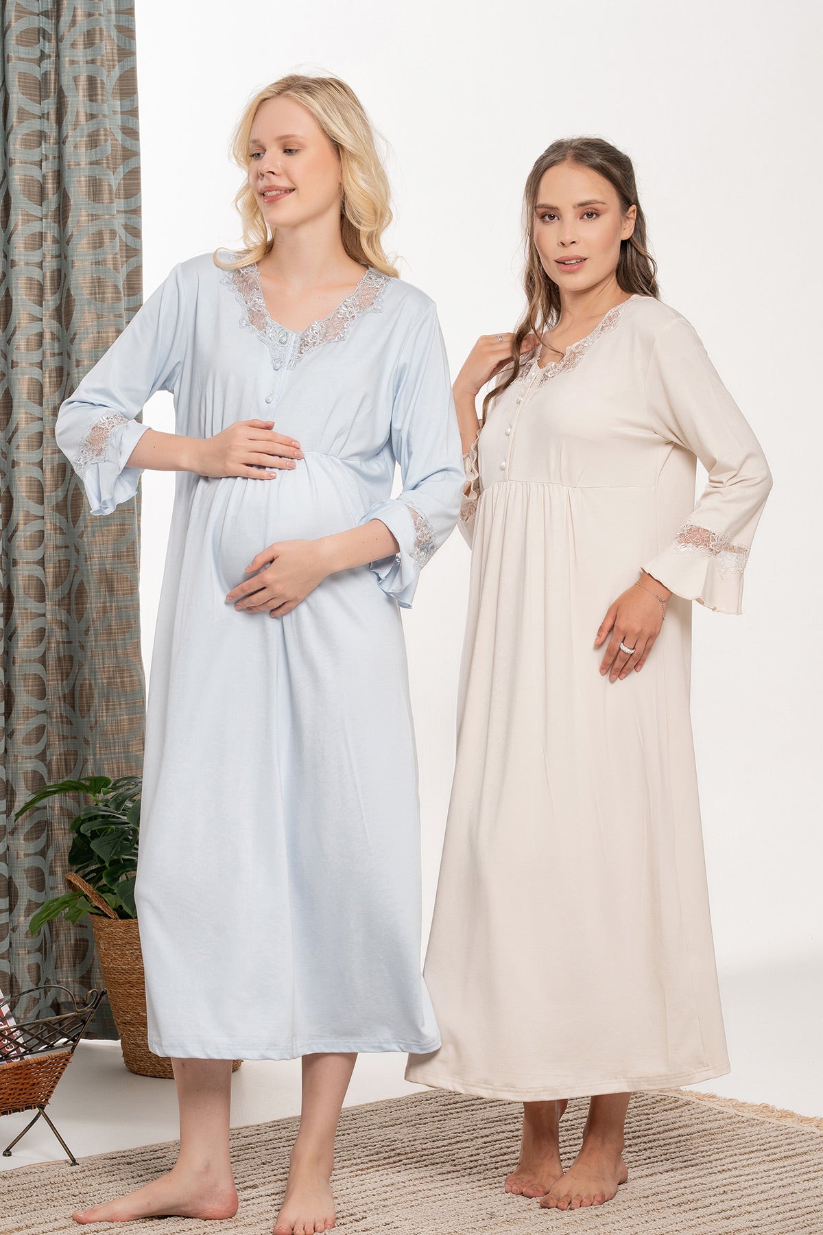 Lace Collar and Sleeve Maternity & Nursing Nightgown - 6113