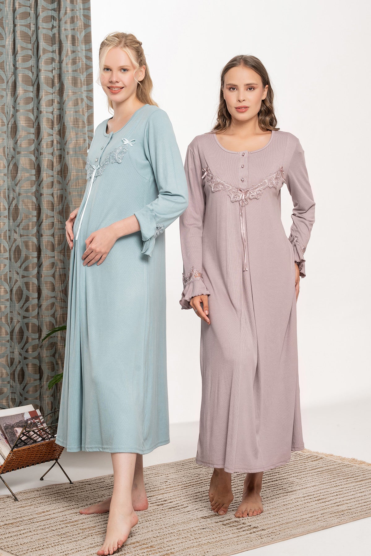 Lace Sleeve and Collar Maternity & Nursing Nightgown - 6117