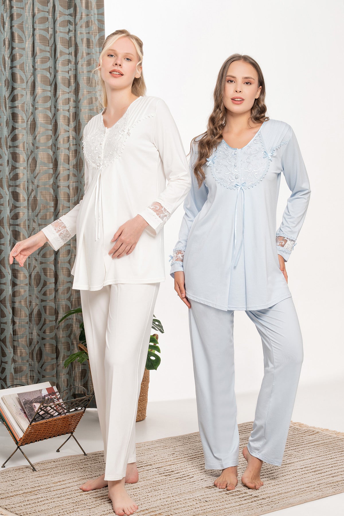 Lace Detailed Maternity & Nursing Pajama Set - 6121