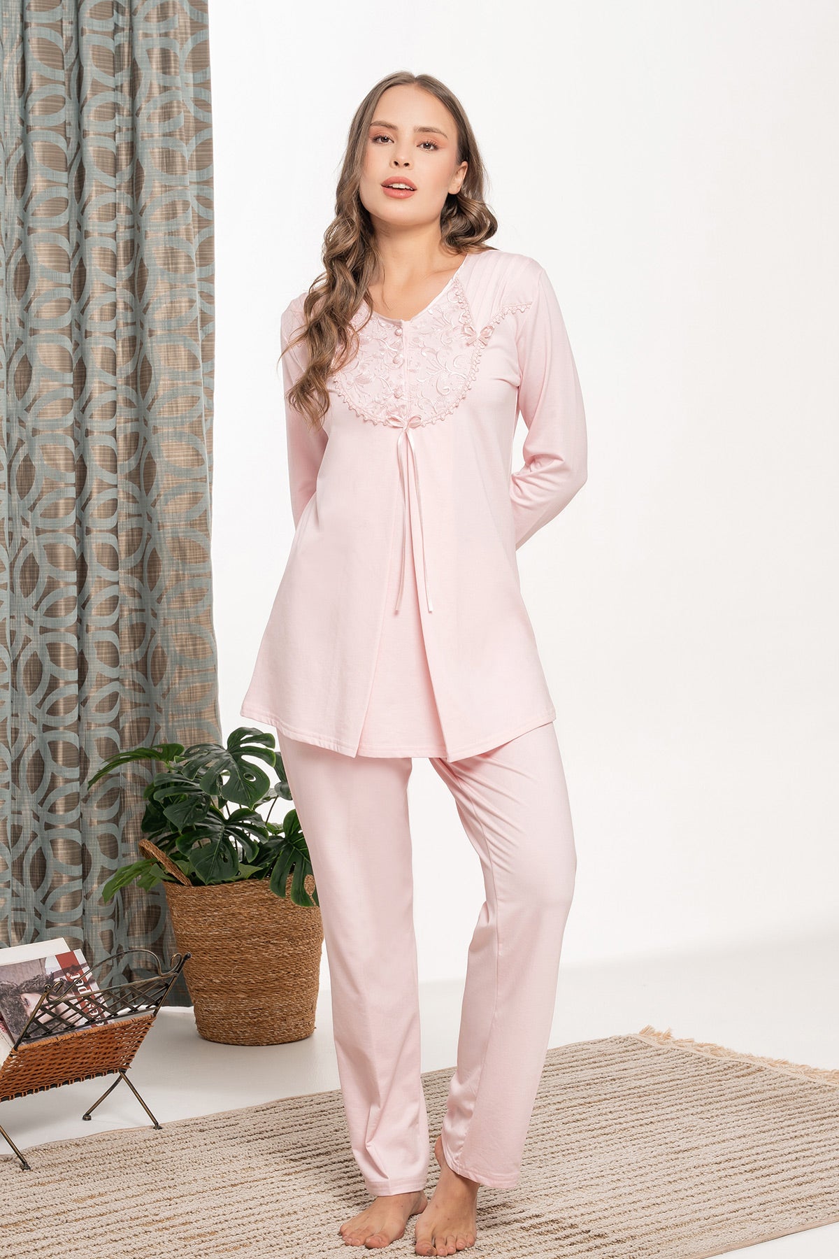 Lace Detailed Maternity & Nursing Pajama Set Powder - 6121