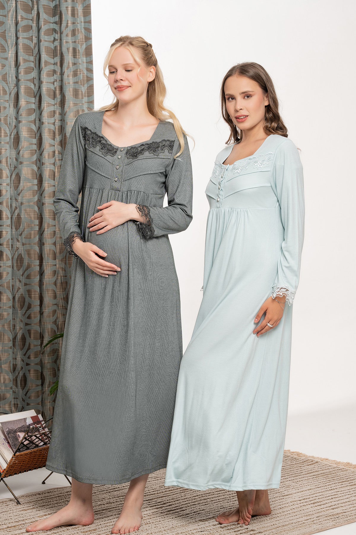 Lace Sleeve and Collar Plus Size Maternity & Nursing Nightgown - 6122