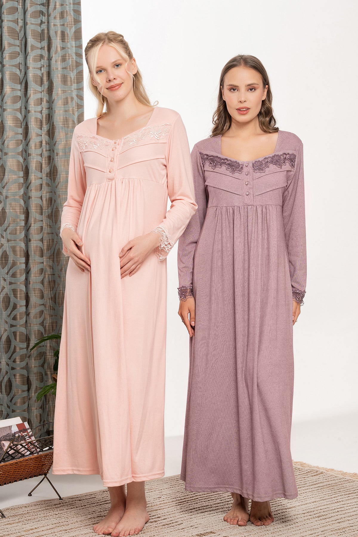 Lace Sleeve and Collar Plus Size Maternity & Nursing Nightgown - 6122