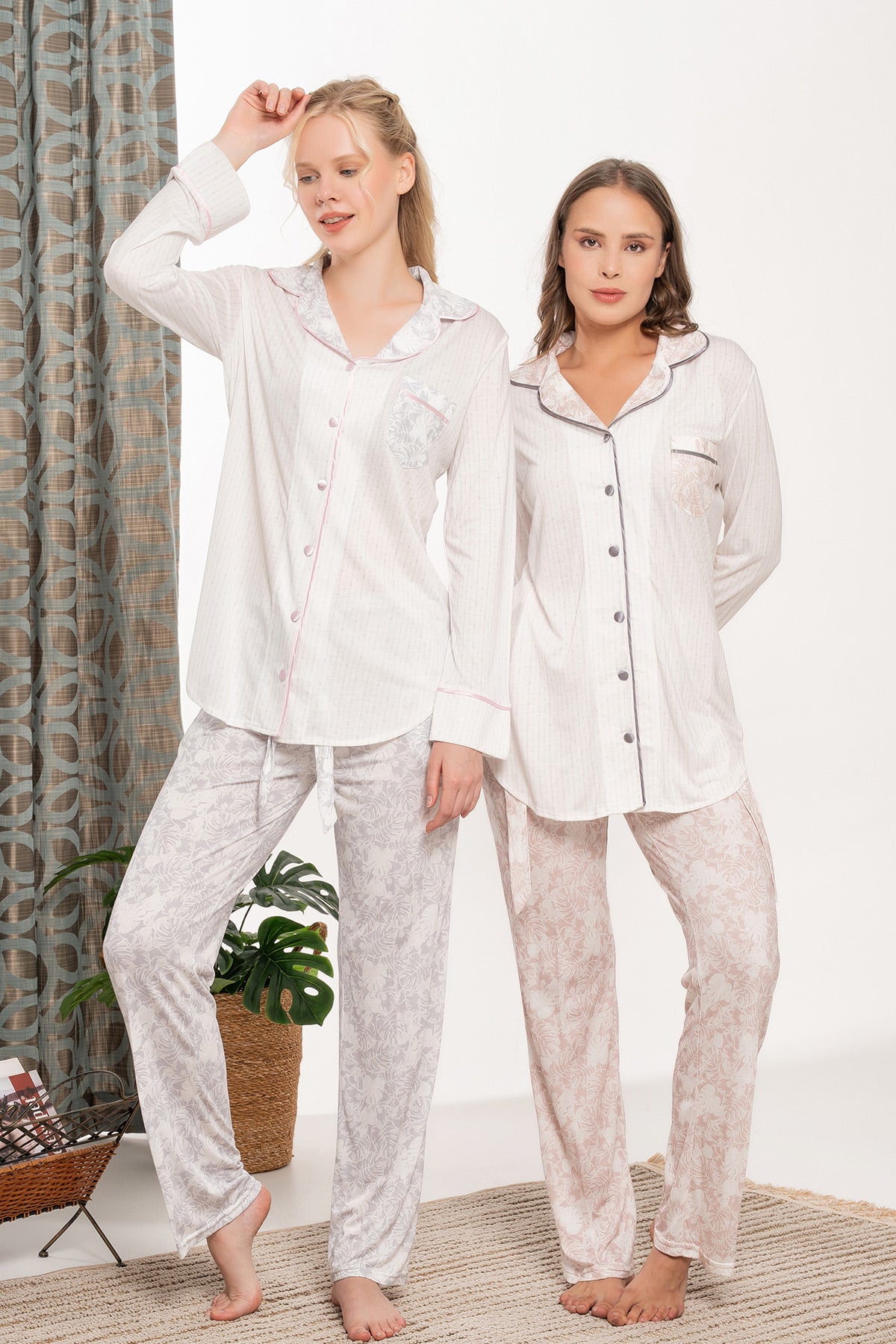 Patterned Maternity & Nursing Pajama Set - 6124