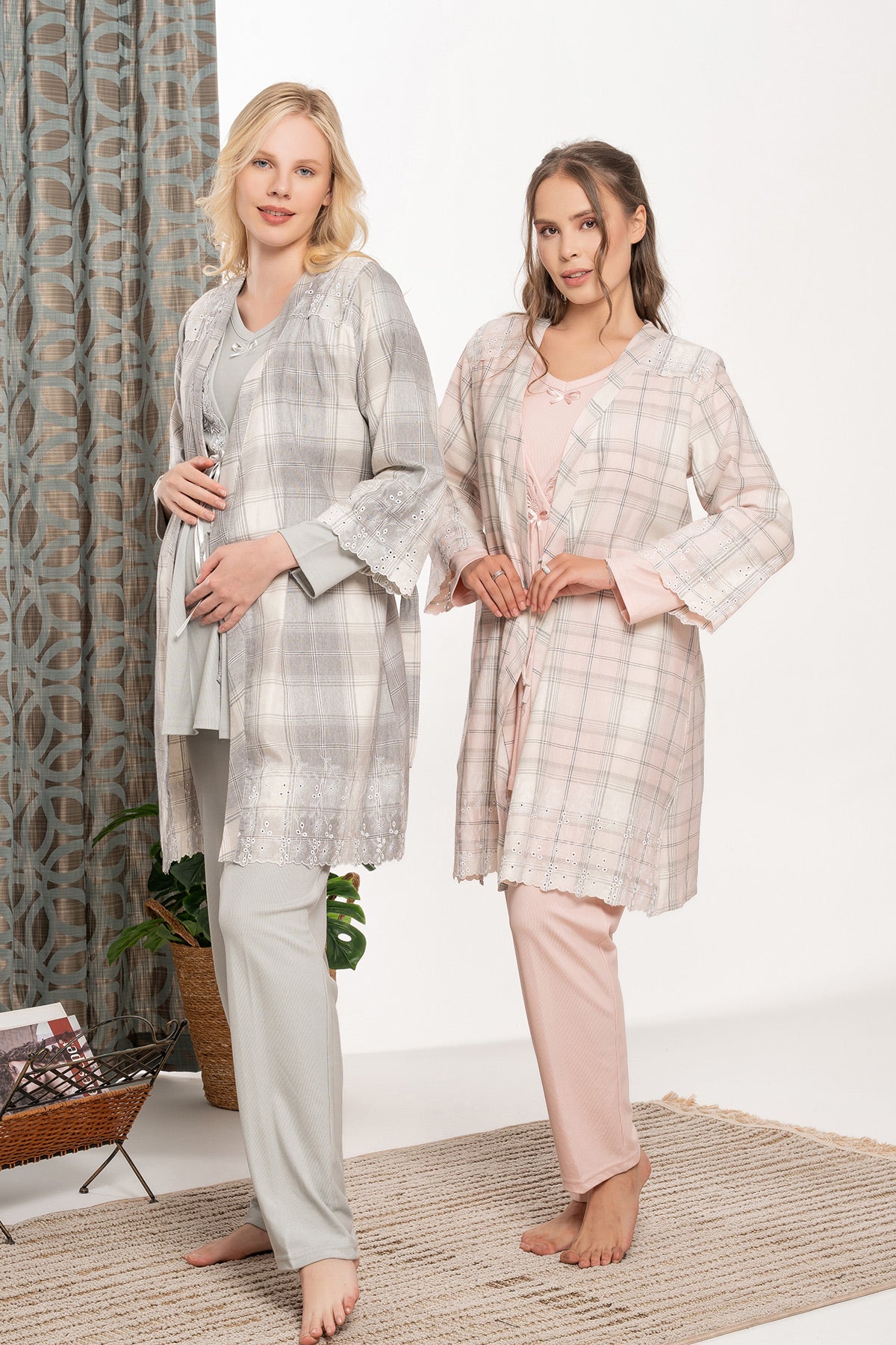 Embroidered 3-Piece Maternity-Nursing Pajama & Robe Set - 6141