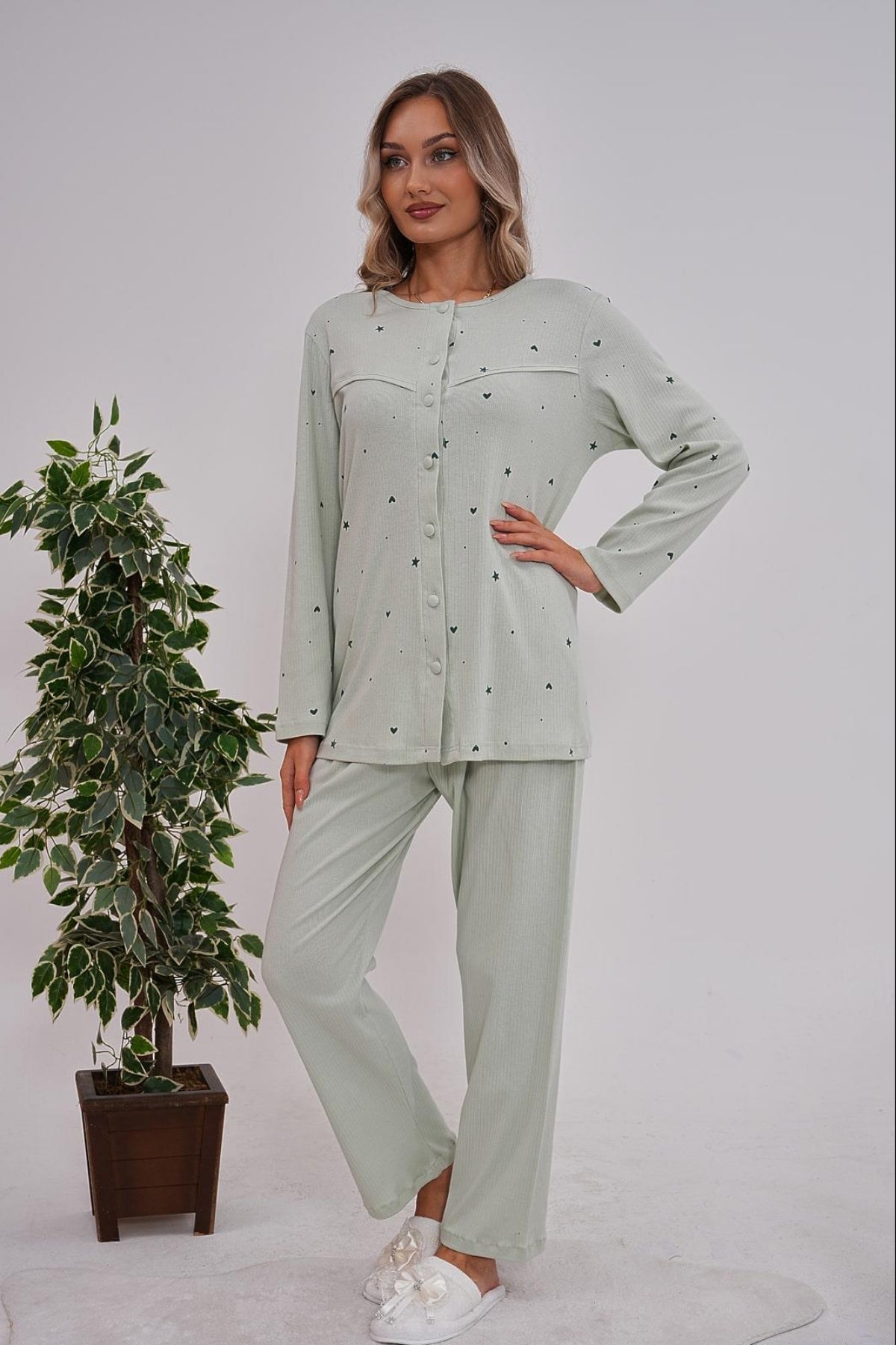 Heart Patterned Cotton Buttoned Plus Size Maternity & Nursing Pajama Set Green - 6151
