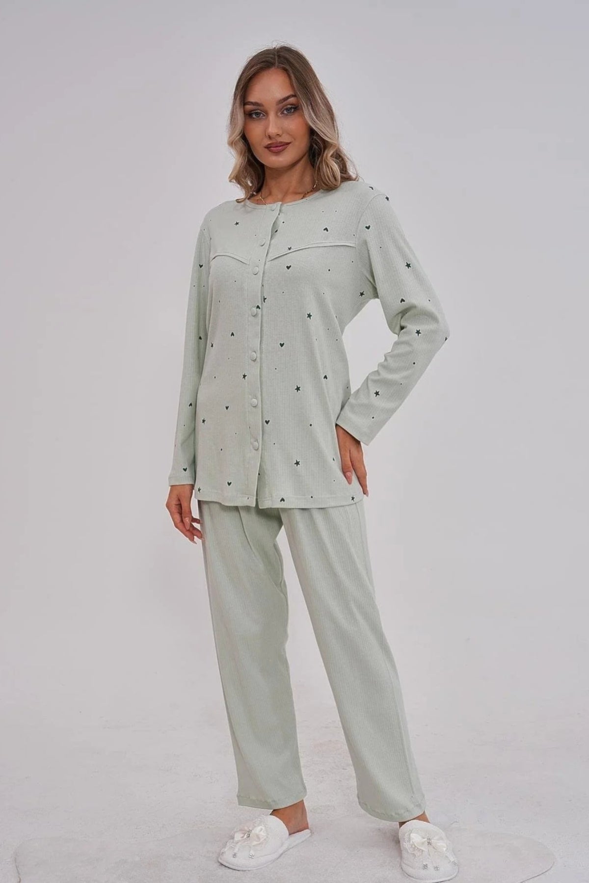 Heart Patterned Cotton Buttoned Plus Size Maternity & Nursing Pajama Set Green - 6151