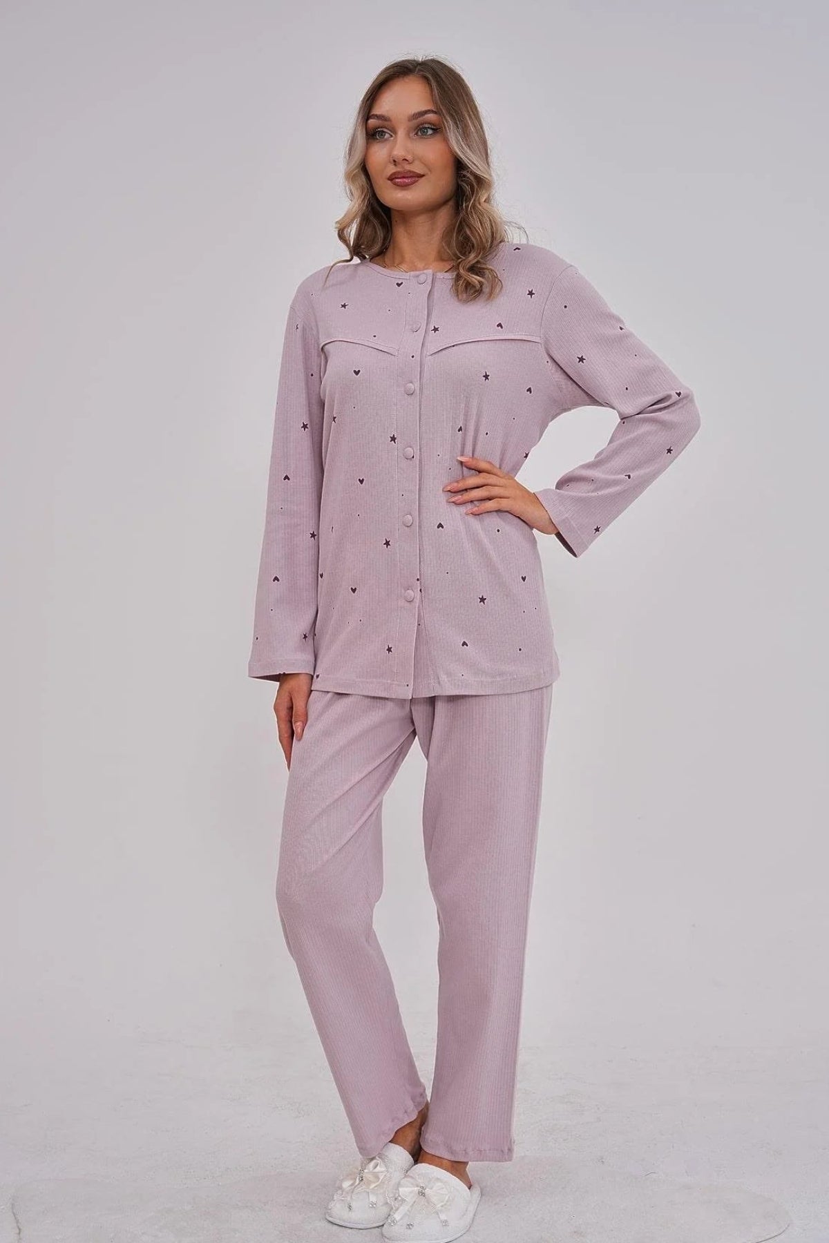 Heart Patterned Cotton Buttoned Plus Size Maternity & Nursing Pajama Set Lilac - 6151