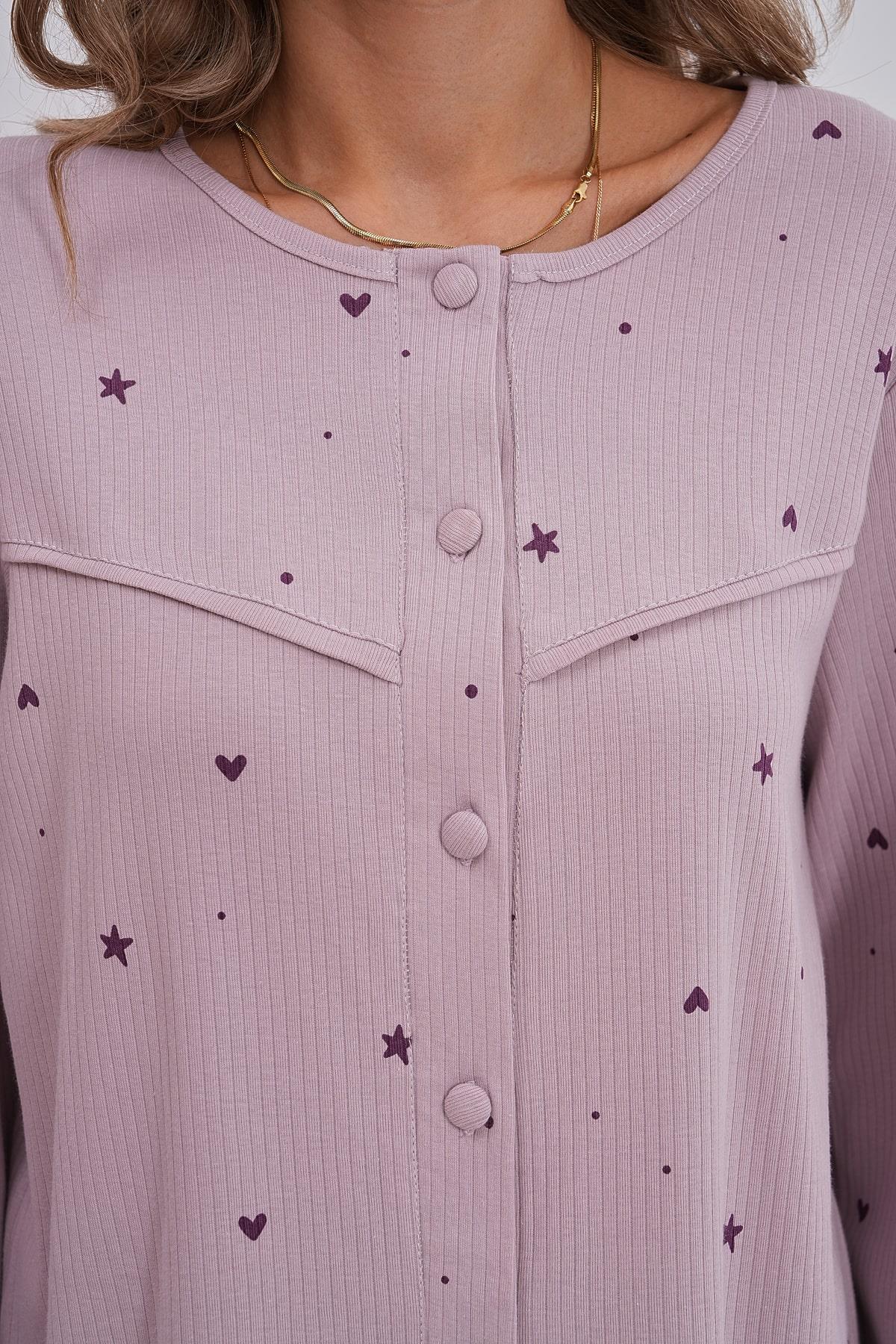 Heart Patterned Cotton Buttoned Plus Size Maternity & Nursing Pajama Set Lilac - 6151