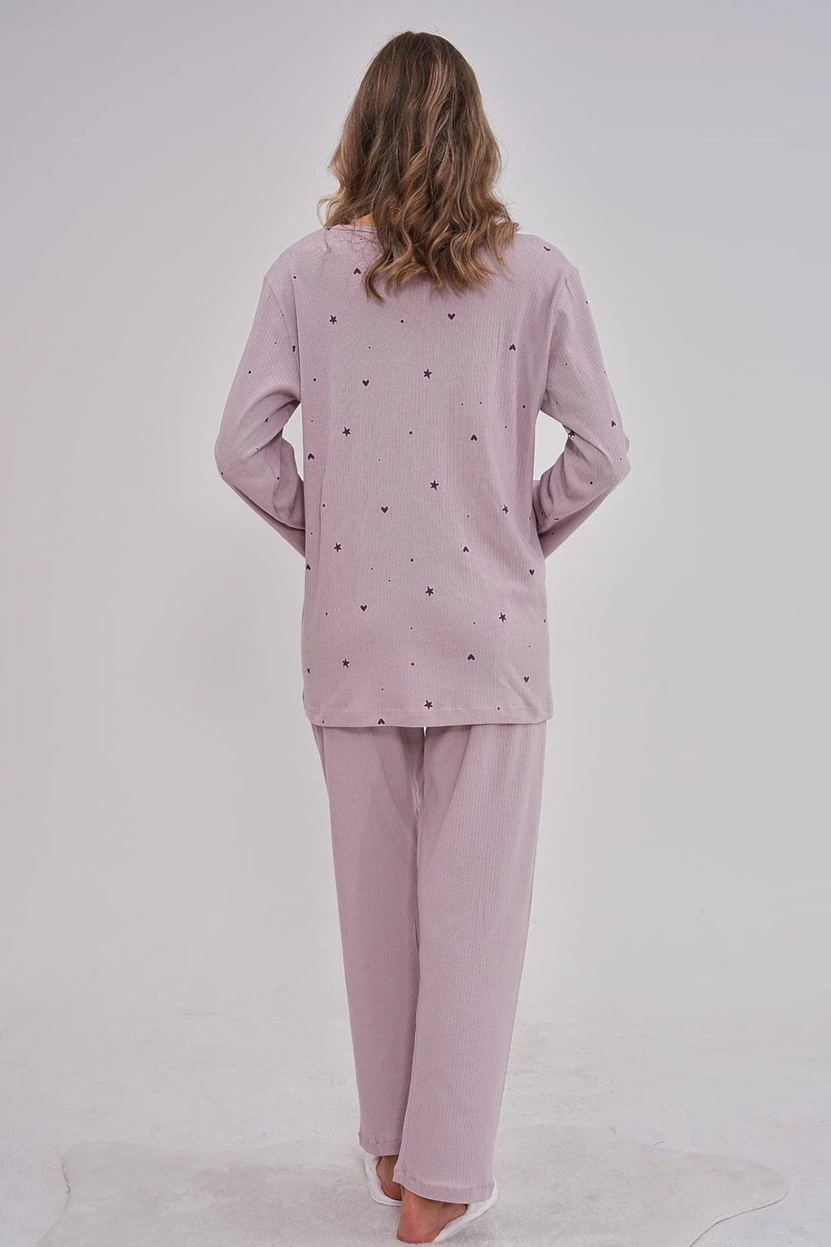 Heart Patterned Cotton Buttoned Plus Size Maternity & Nursing Pajama Set Lilac - 6151