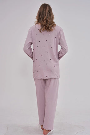 Heart Patterned Cotton Buttoned Plus Size Maternity & Nursing Pajama Set Lilac - 6151
