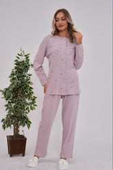 Heart Patterned Cotton Buttoned Plus Size Maternity & Nursing Pajama Set Lilac - 6151